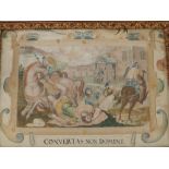 An 18thC Italian silk embroidered panel depicting a biblical scene of soldiers with horses outside
