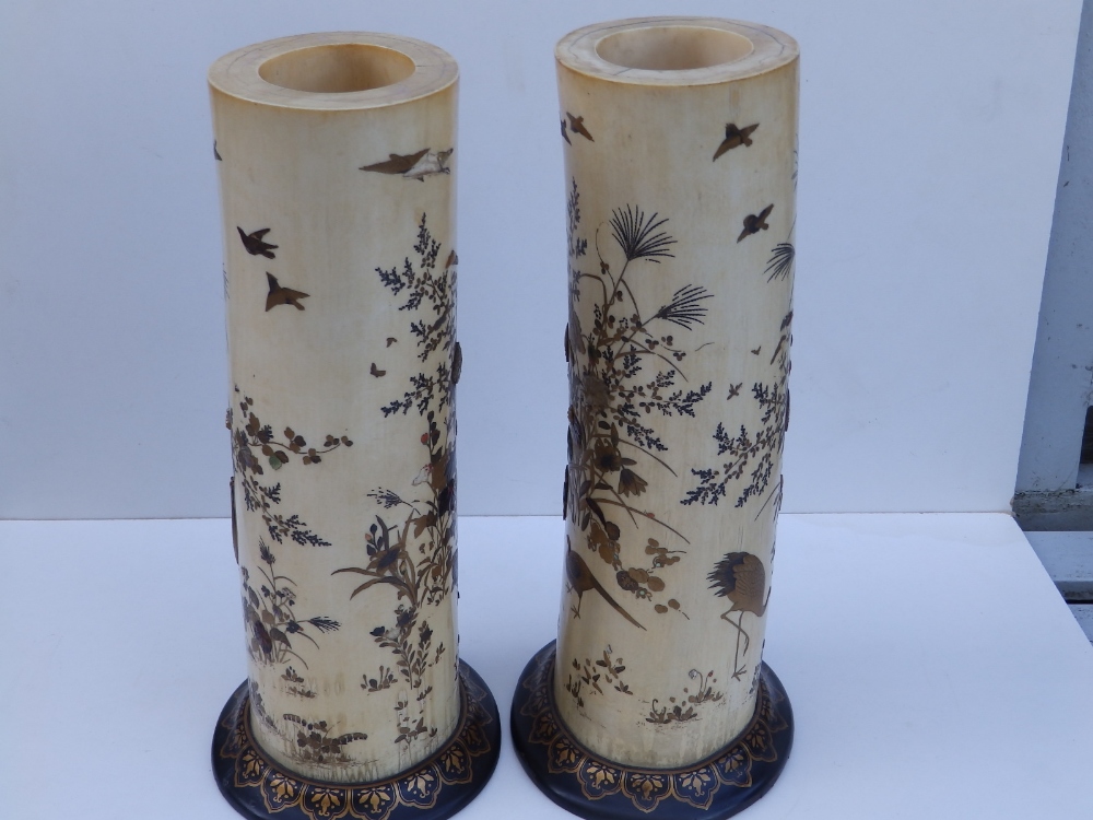 A pair of Japanese Meiji period shibayama inlaid ivory tusk vases, the sides decorated to show - Image 9 of 9