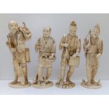 Four Japanese Meiji period sectional ivory okimono figures of peasant tradesmen bearing various