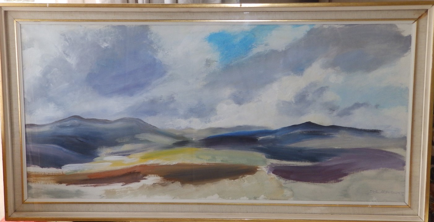 John Hitchens (born 1940) - oil on canvas - 'Hills & Cloudlights', dated 1967 to verso and inscribed - Image 3 of 8