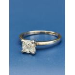 A modern diamond solitaire, the cushion cut sone weighing 1.02 carats, held in four claws above