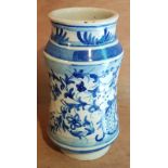 An antique blue & white earthenware drug jar of waisted form, 6.5" high.
