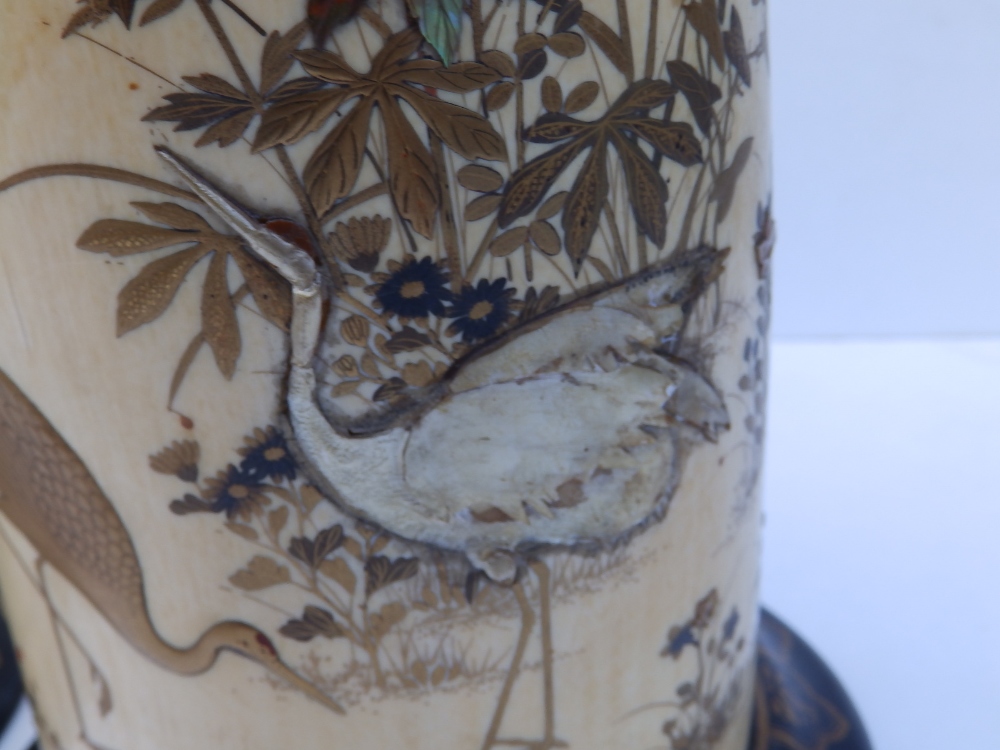 A pair of Japanese Meiji period shibayama inlaid ivory tusk vases, the sides decorated to show - Image 6 of 9