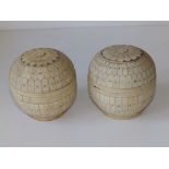 A pair of late 19th/early 20thC Indian ivory veneered spherical jars with brass liners, 3.75"