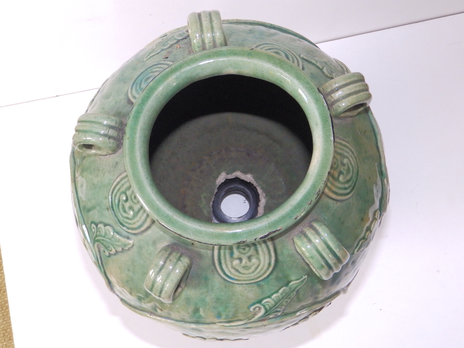 A Chinese provincial celadon glazed jar, of rounded form with five small loop handles, applied - Image 3 of 4