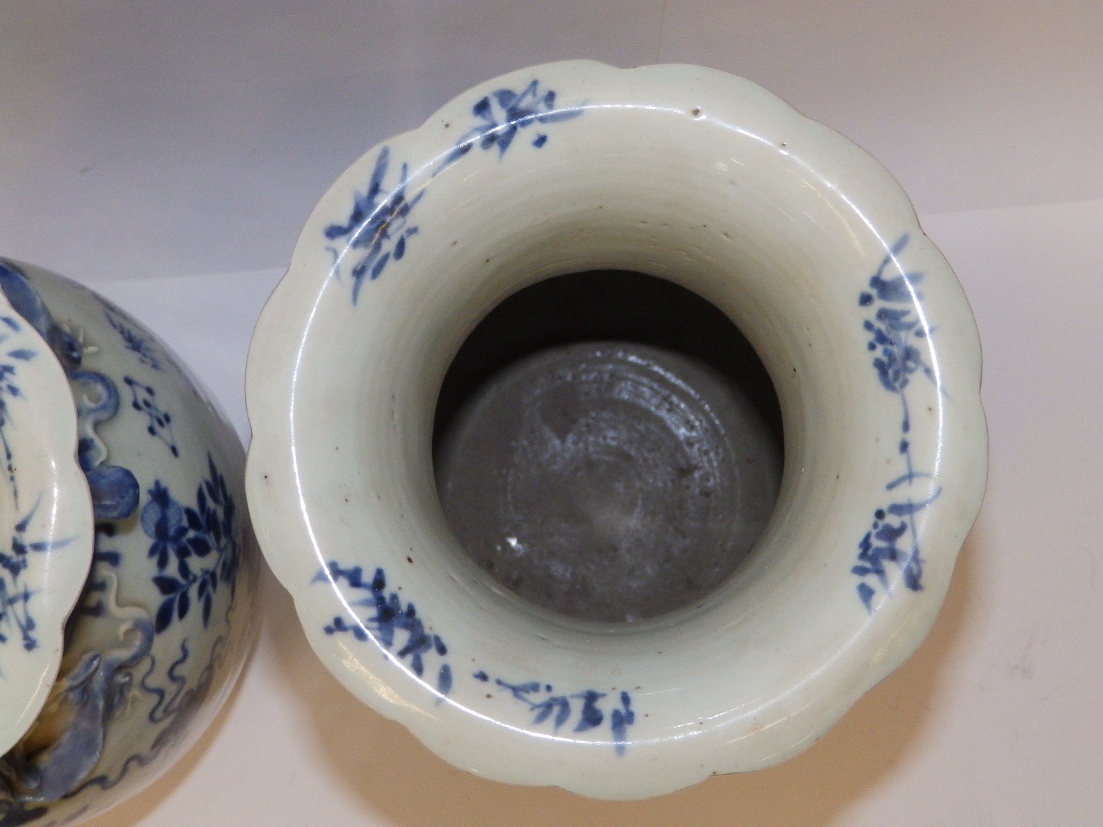 A pair of 19thC Chinese blue & white porcelain vases, the flared rims onto shouldered bodies, each - Image 4 of 10