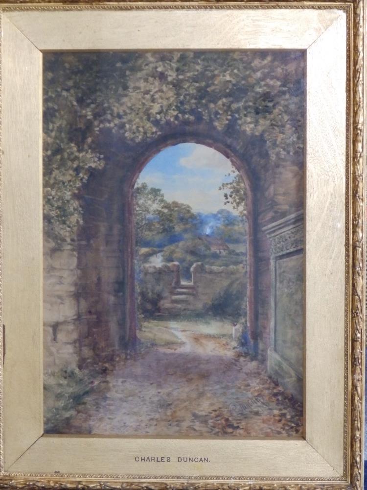 Charles Duncan (Scottish fl. 1874-1885)- watercolour - View from the doorway at Anwoth Kirk,