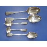 An Exeter silver fiddle pattern table spoon - JW & Co., 1880, one other and three smaller Exeter