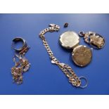 A 9ct gold oval locket, a pendant, a necklace chain & a damaged bracelet. (4)