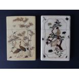 Two Japanese Meiji shibayama inlaid ivory card cases, one inlaid with two cranes (slight losses),