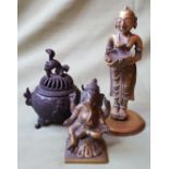 Two vintage Indian brass figures and a small censer, the taller figure 6.25". (3)