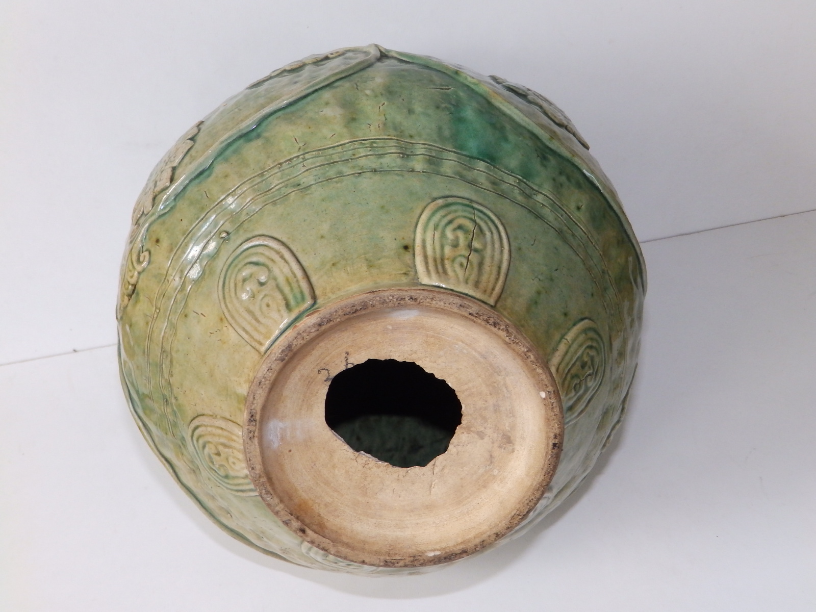 A Chinese provincial celadon glazed jar, of rounded form with five small loop handles, applied - Image 4 of 4