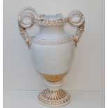 A large 19thC Meissen gilt & white porcelain vase with incomplete serpent handles, 18" high -