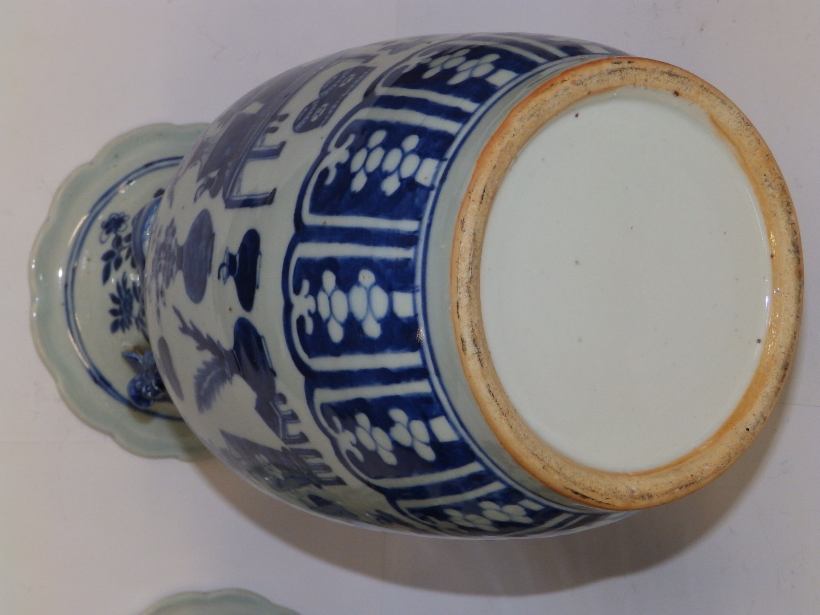 A pair of 19thC Chinese blue & white porcelain vases, the flared rims onto shouldered bodies, each - Image 7 of 10