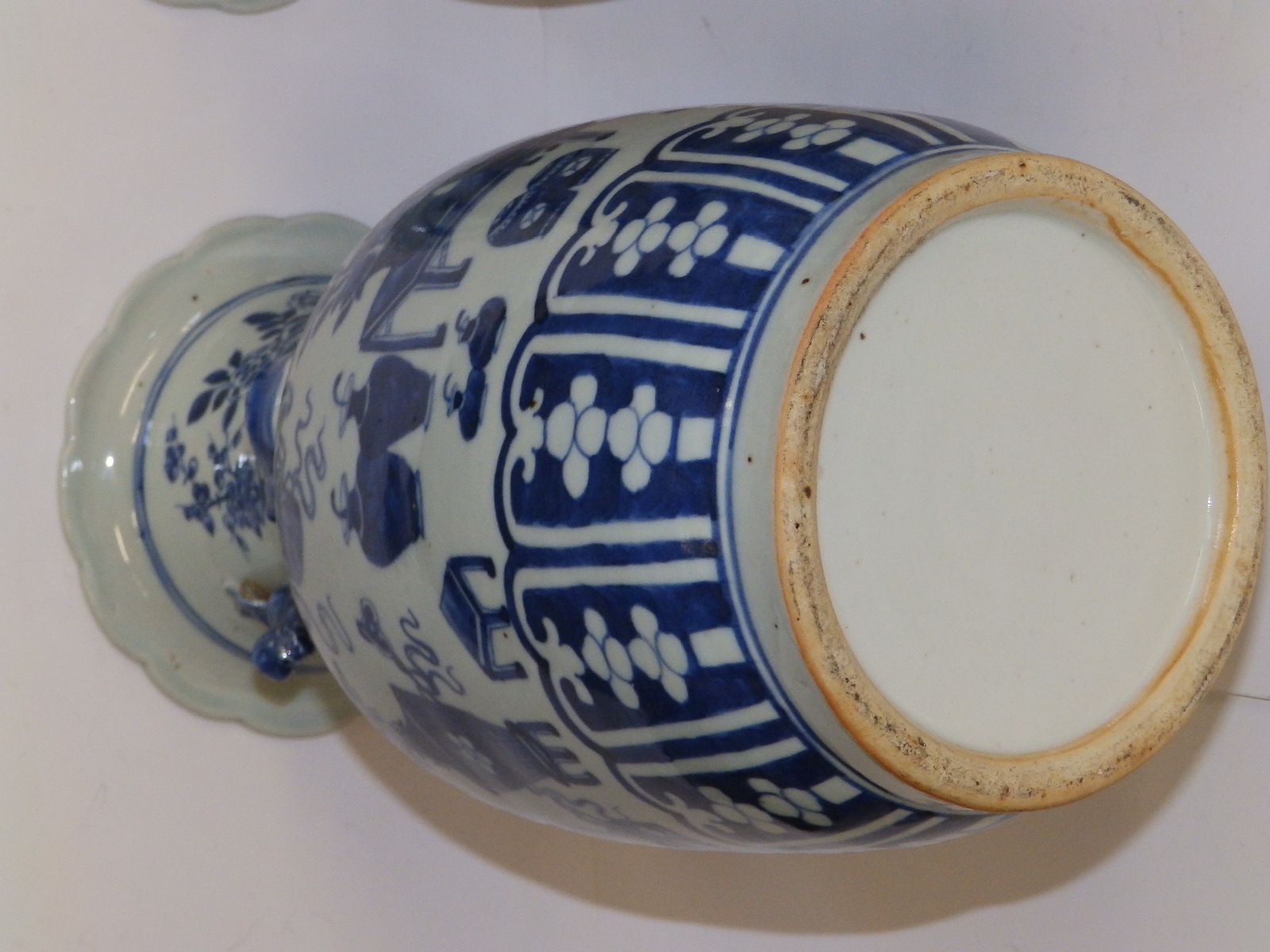 A pair of 19thC Chinese blue & white porcelain vases, the flared rims onto shouldered bodies, each - Image 6 of 10