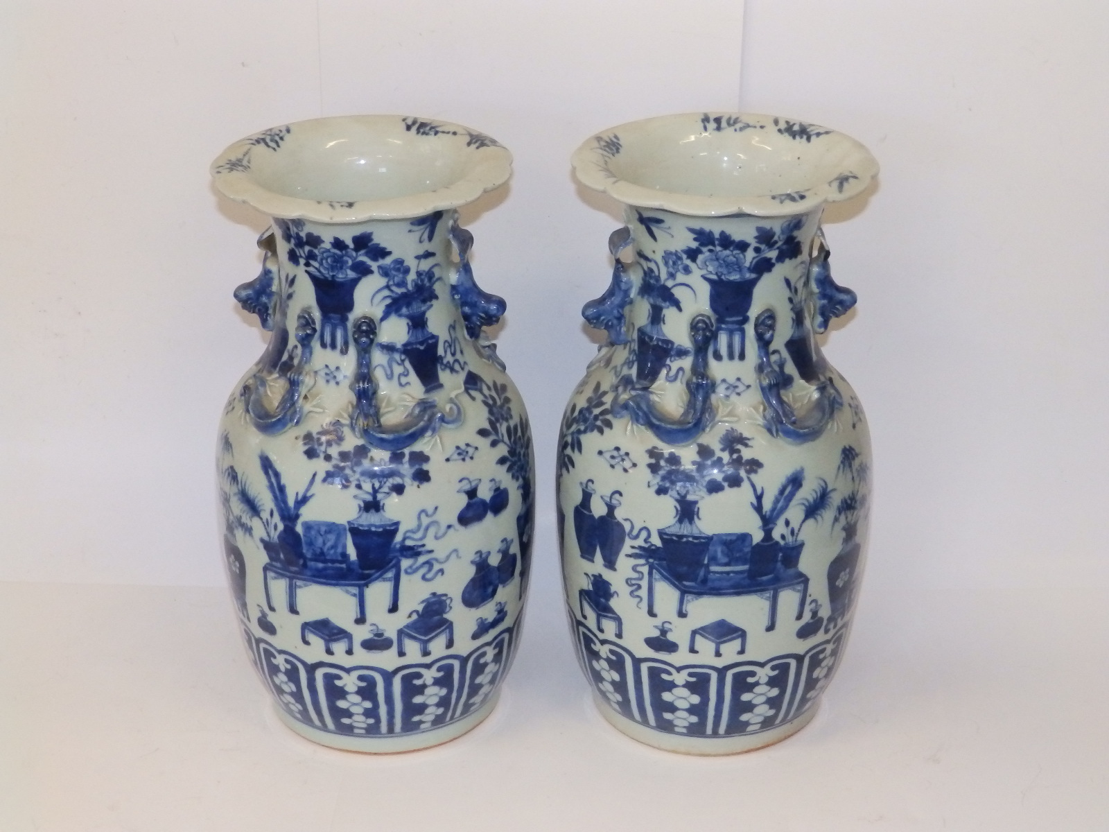 A pair of 19thC Chinese blue & white porcelain vases, the flared rims onto shouldered bodies, each - Image 2 of 10