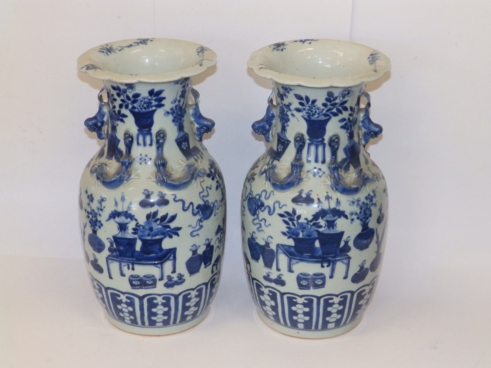 A pair of 19thC Chinese blue & white porcelain vases, the flared rims onto shouldered bodies, each - Image 3 of 10