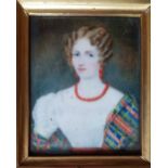 A miniature watercolour - Portrait of Margaret Shaw, mother of Major General John Clarke, 3.3" x 2.