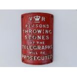 A Victorian red & white painted cast iron telegraph pole notice - 'Persons throwing stones at the