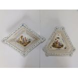 Two 19thC Lille faience baskets painted with courting couples in landscape, one triangular, the