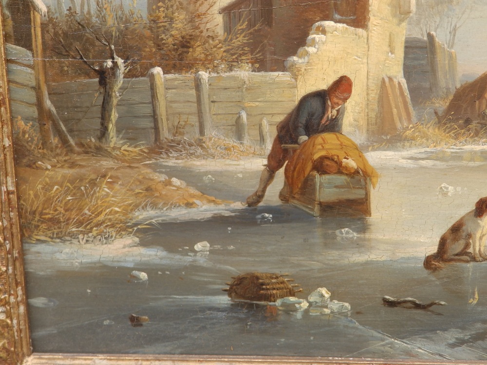 Jean (Jan) Michael Ruyten (1813-1881) - oil on panel - A Dutch frozen river landscape with a - Image 5 of 12