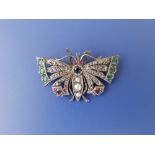 A rose cut diamond & coloured stone set butterfly brooch, set with three pearls to the body in