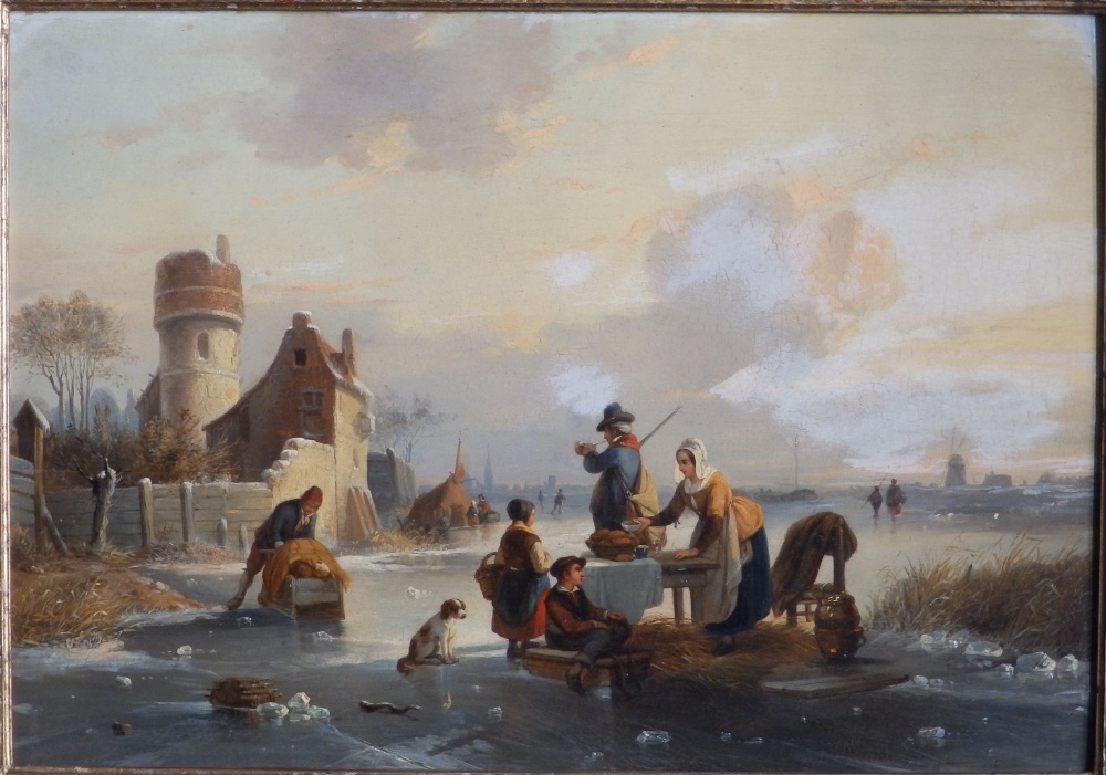 Jean (Jan) Michael Ruyten (1813-1881) - oil on panel - A Dutch frozen river landscape with a