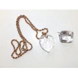 A gold belcher necklace with crystal heart and colourless stone brooch. (2)