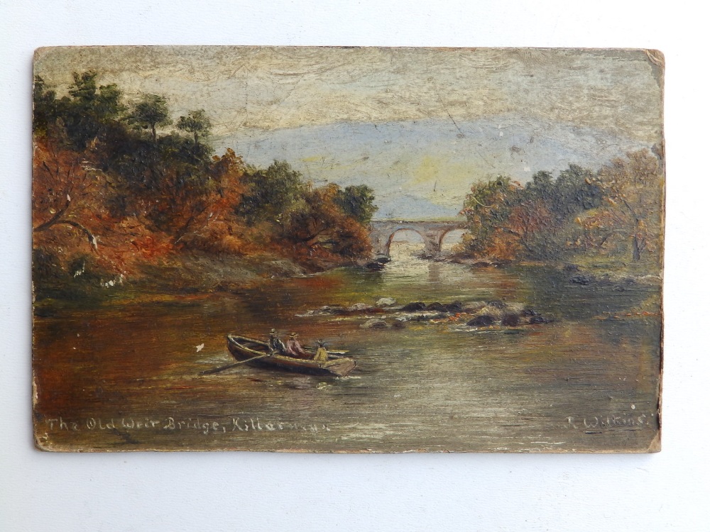 R (?) Wilkins - small 19thC oil on board - 'The Old Weir Bridge, Killarney', signed & inscribed, 3. - Image 2 of 4