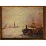 A 19thC oil on board - Busy shipping scene with steam & sailing vessels, possibly on the Thames, 10"