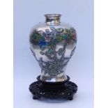 A late 19th/early 20thC Chinese enamelled '90' silver Meiping vase on carved wood stand, having