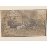 H. C. Davis (?) - a 19thC pencil drawing with heightening - Two horse teams in collision, 10" x