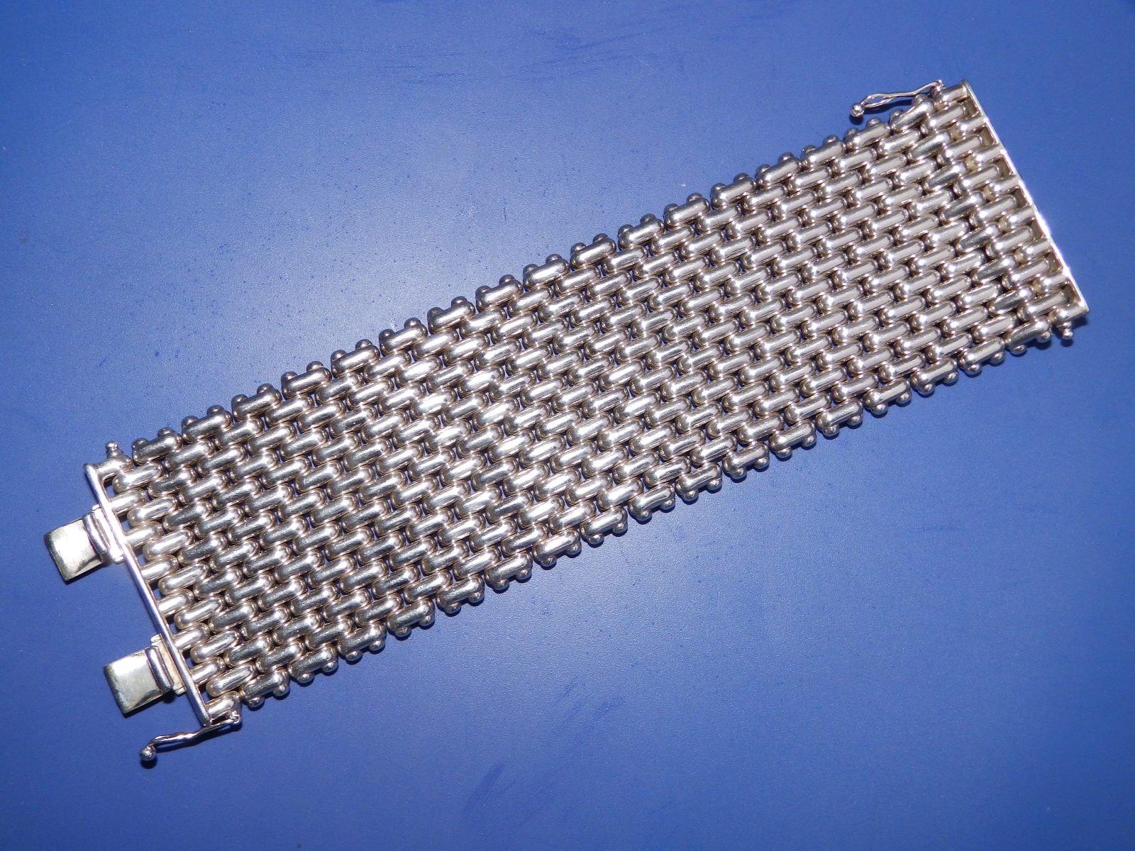 A Tiffany & Co. extra wide silver bracelet with double fasteners, London import marks, 7.5" x 2.2" - Image 2 of 3