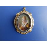 An 18ct gold brooch/pendant set with an oval painted miniature of a lady being set with tiny diamond
