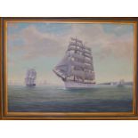 John Henry Willis - oil on board - Tall ships leaving Torbay, signed & dated 1956, 19.5" x 27.5".