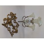 An EP epergne with vaseline glass flutes, 12" high and a brass twin branch wall sconce, 11.5". (2)