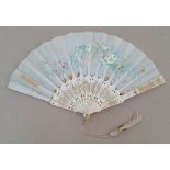 Four old ivory fans with painted silk leaves - a/f.