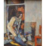 Neil Davies - oil on board - 'Woman Dressing', signed, dated 1991 to verso, 8.5" x 7".