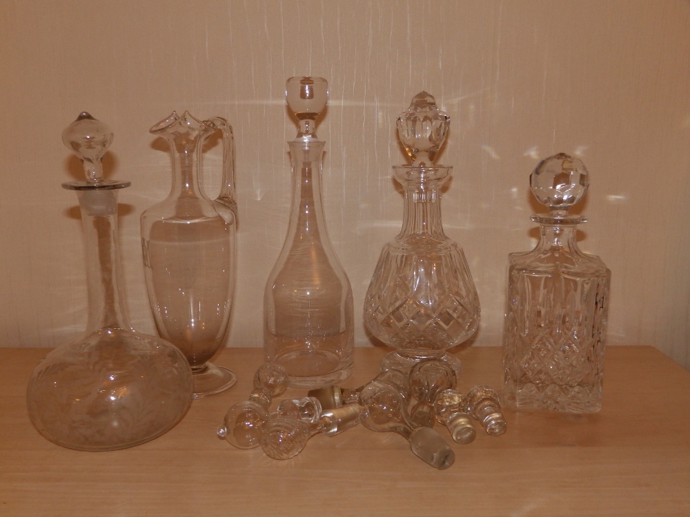 Four various decanter, a ewer and six stoppers. - Image 2 of 6