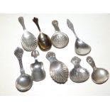 A Chester silver caddy spoon - AM, 1916, three modern silver caddy spoons and five other plated/