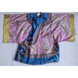 A late 19thC Chinese Jifu robe in pink, blue & gold, the front decorated with a gourd, fan &