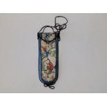 A small 20thC Chinese silk embroidered hanging case on black silk cord, 7.5".