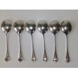 Six Old English pattern silver soup spoons - EV, Sheffield 1931.