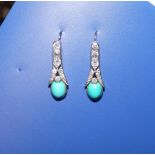 A pair of turquoise & diamond set drop earrings , 1".