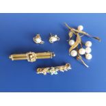 A Victorian pearl set 15ct gold bar brooch having buckle design to centre, 2", a small turquoise &