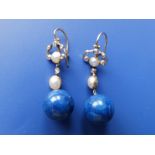 A pair of Victorian gold drop earrings set with lapis lazuli, pearls and small rose cut diamonds,