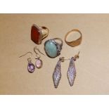 A pair of amethyst & pearl yellow metal drop earrings, a 9ct gold signet ring, a carnelian set