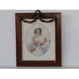 Francois Rochard - a small oval watercolour portrait of a young lady with fur stole, 7.25" high,