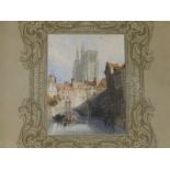 T. S. Minchens (?) - a small 19thC watercolour depicting a river scene with Cathedral behind, 3.