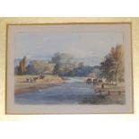 Early 19thC British School - a small watercolour - Cattle by a river with distant buildings,